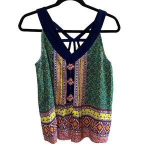 Maeve by Anthropologie Tank Top Size 0 Boho Multicolor Print Strappy Back Blouse